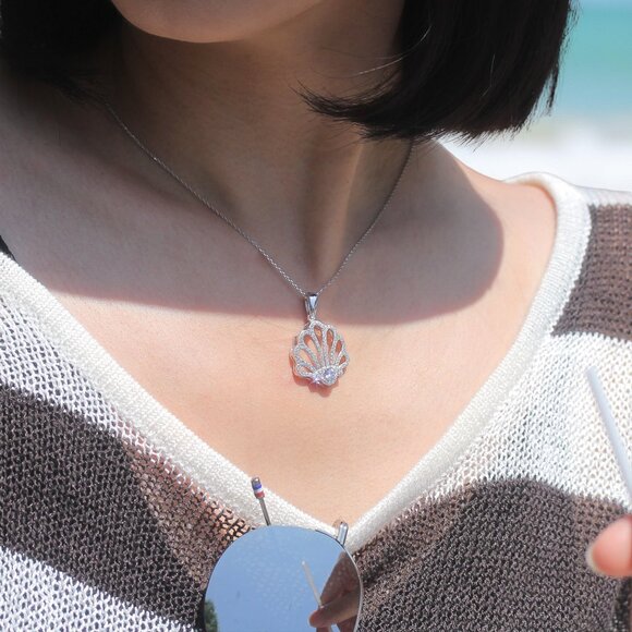 Seashell Radiance Necklace | CZ Pavé Seashell Pendant in Sterling Silver - Picture 1 of 7